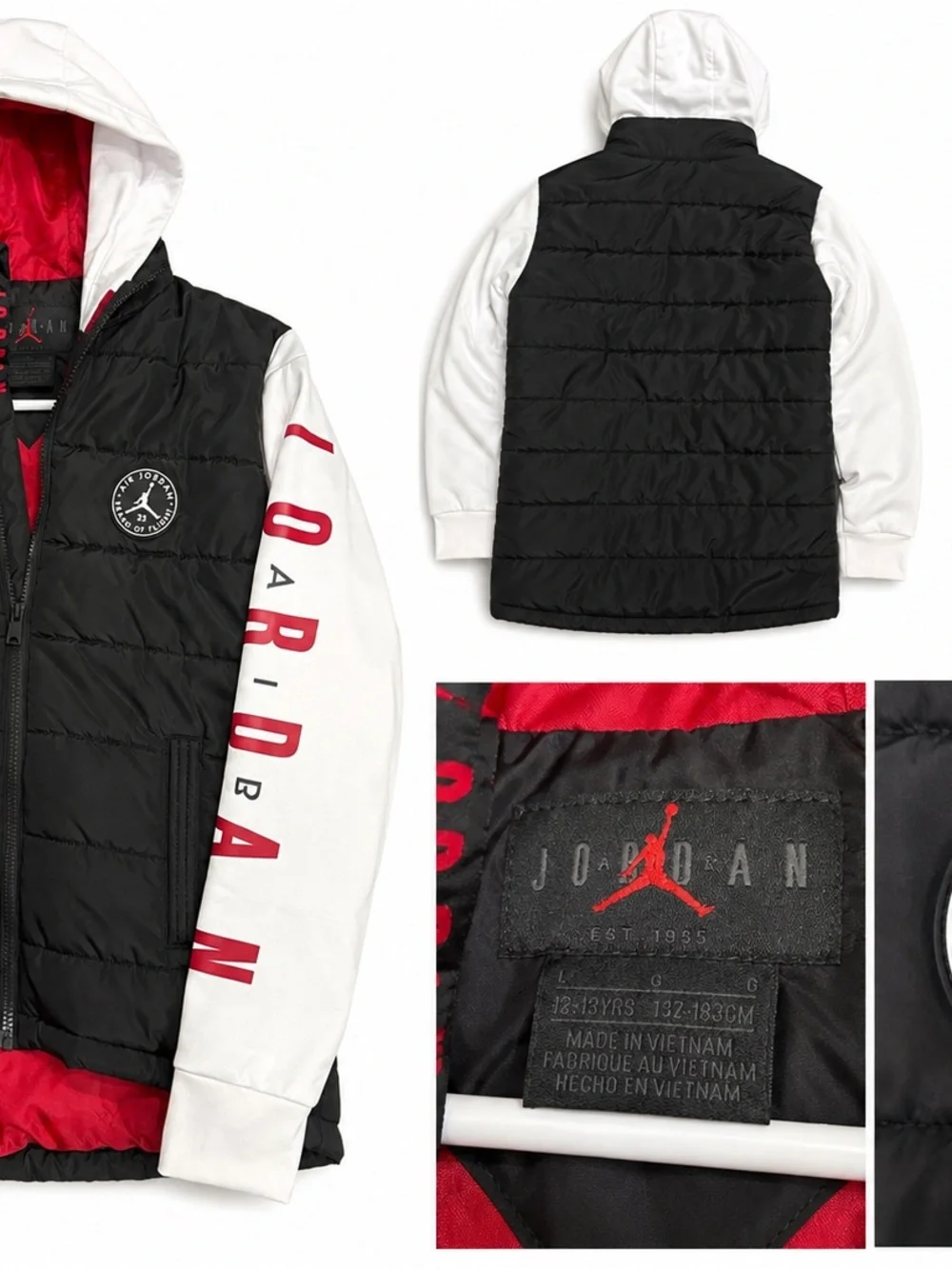 Jordan Black Quilted Vest with White Sleeves & Red Accents